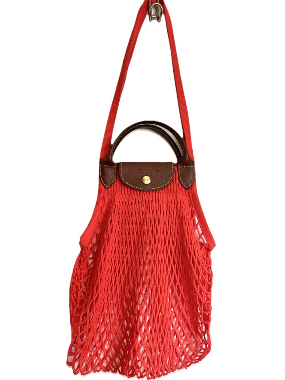 Longchamp Le Pliage Large Filet Filt Mesh Net Shoulder Sac Bag Orange Red